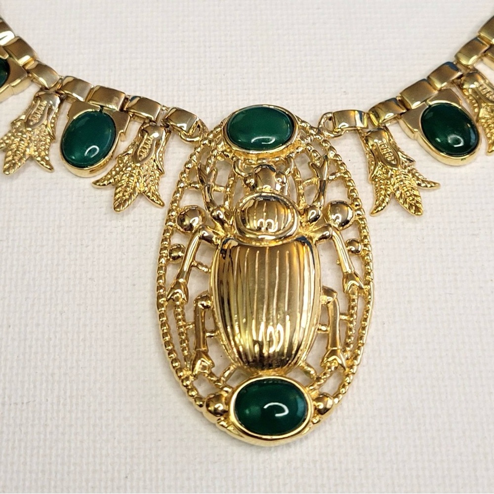 24k Gold over Bronze Egyptian Revival Large Scarab Lotus Necklace Genuine Onyx - Picture 7 of 8